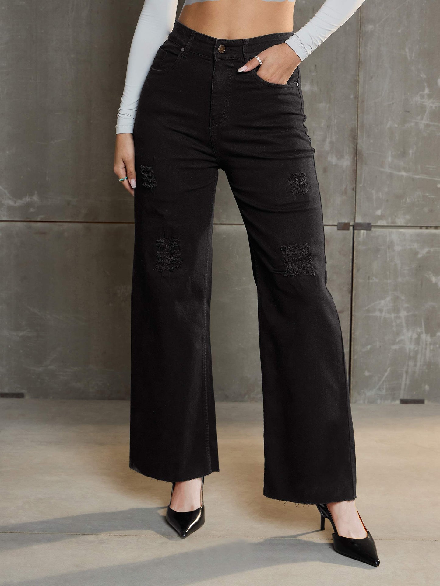 Women's Black Denim Premium Front Detail Straight Jea