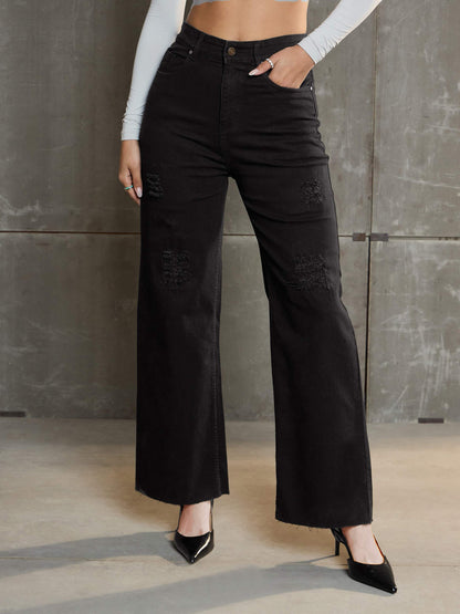 Women's Black Denim Premium Front Detail Straight Jea
