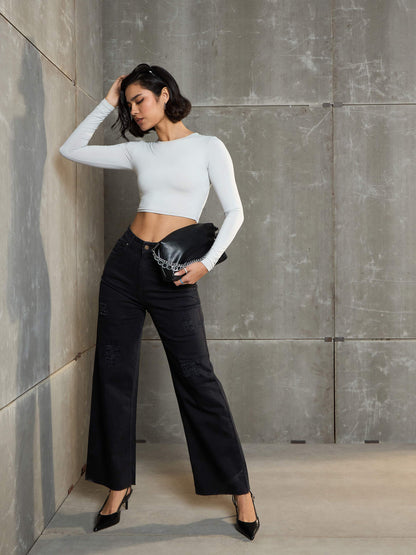 Women's Black Denim Premium Front Detail Straight Jea