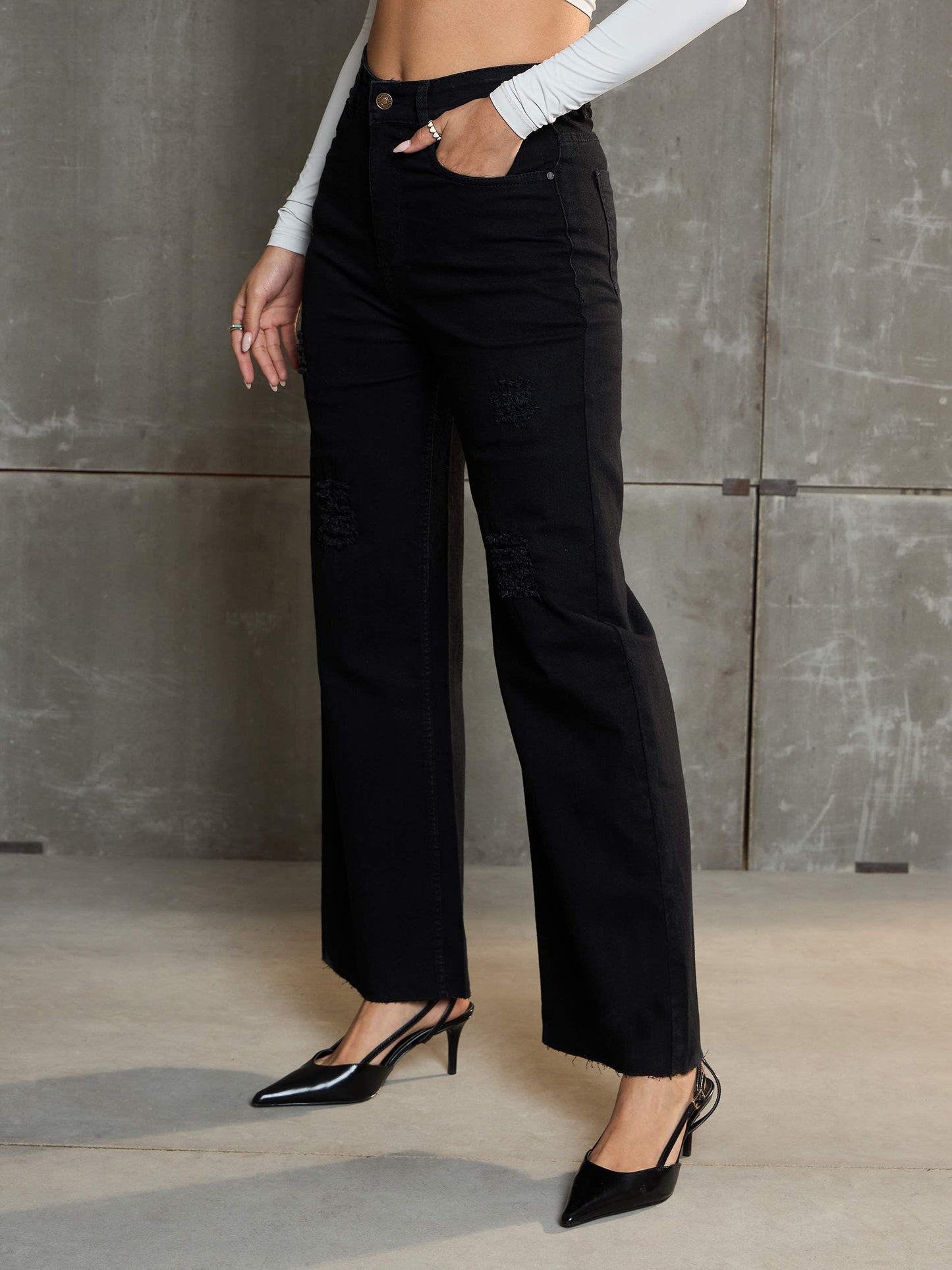 Women's Black Denim Premium Front Detail Straight Jea