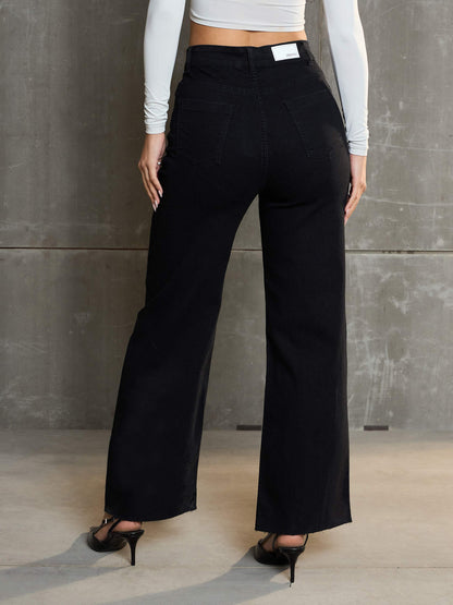 Women's Black Denim Premium Front Detail Straight Jea