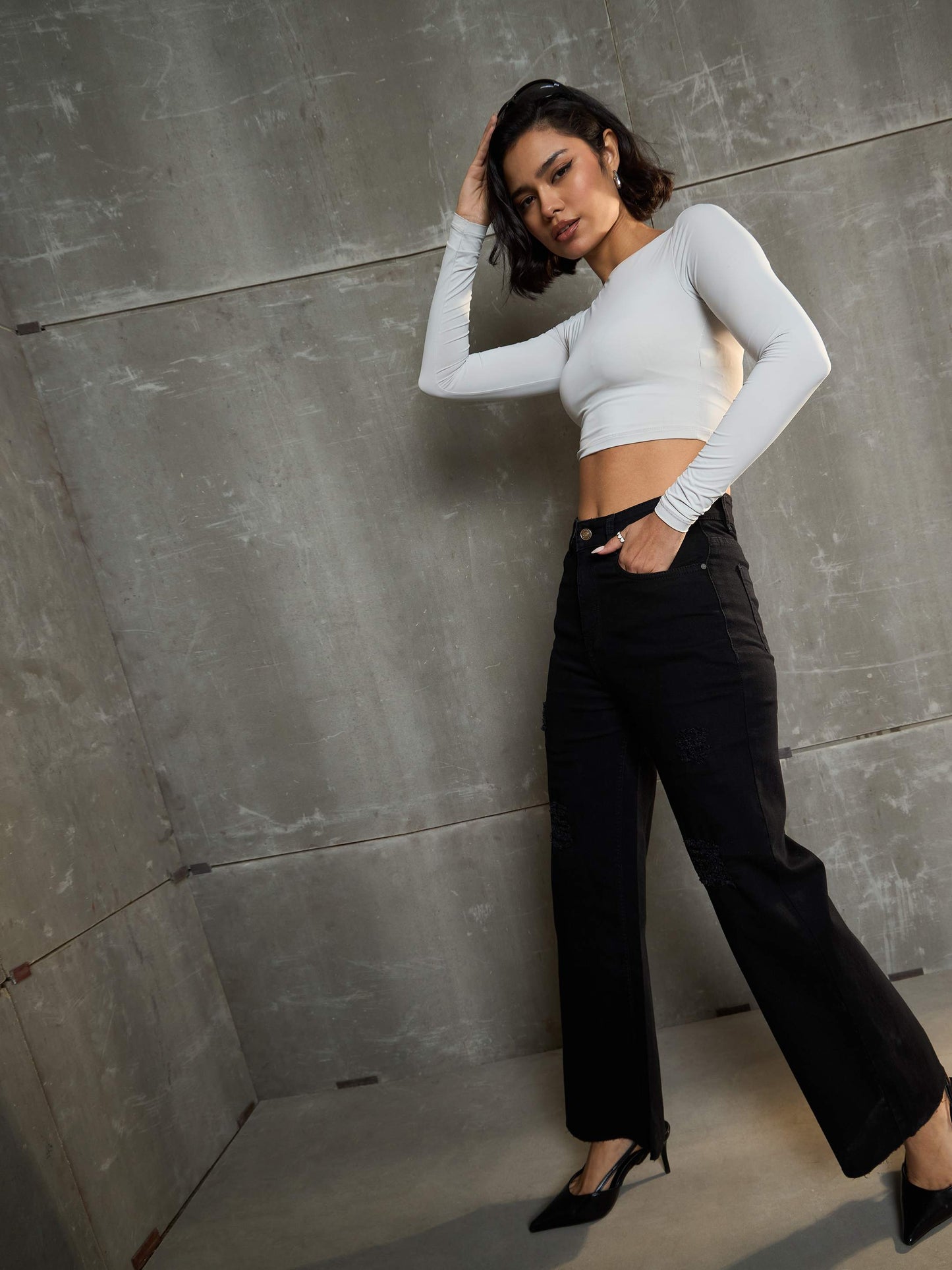 Women's Black Denim Premium Front Detail Straight Jea