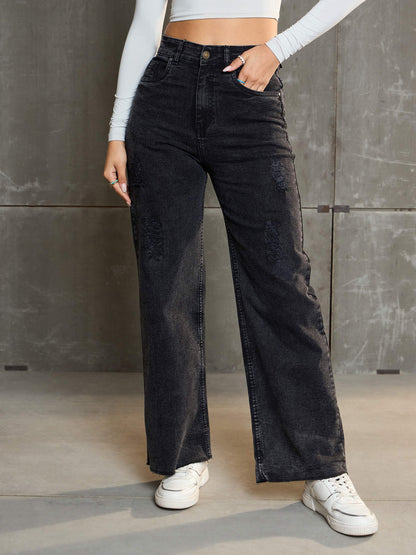 Women's Black Washed Denim Premium Front Detail Straight Jea