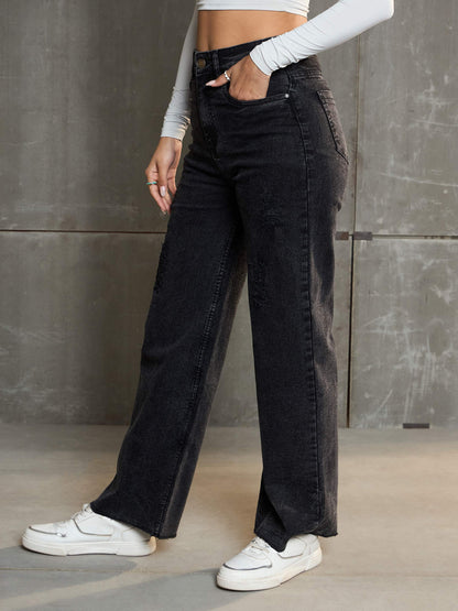 Women's Black Washed Denim Premium Front Detail Straight Jea