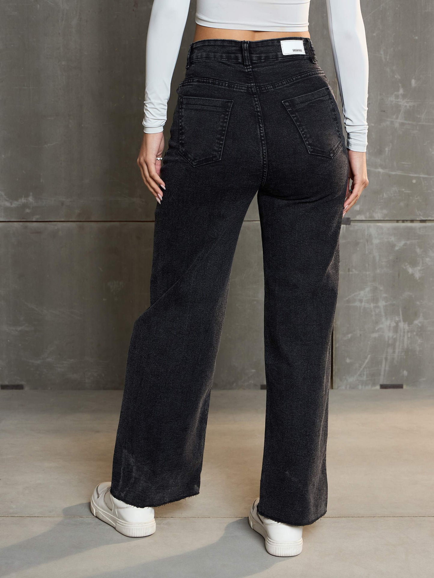 Women's Black Washed Denim Premium Front Detail Straight Jea