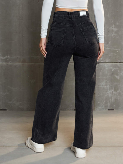 Women's Black Washed Denim Premium Front Detail Straight Jea