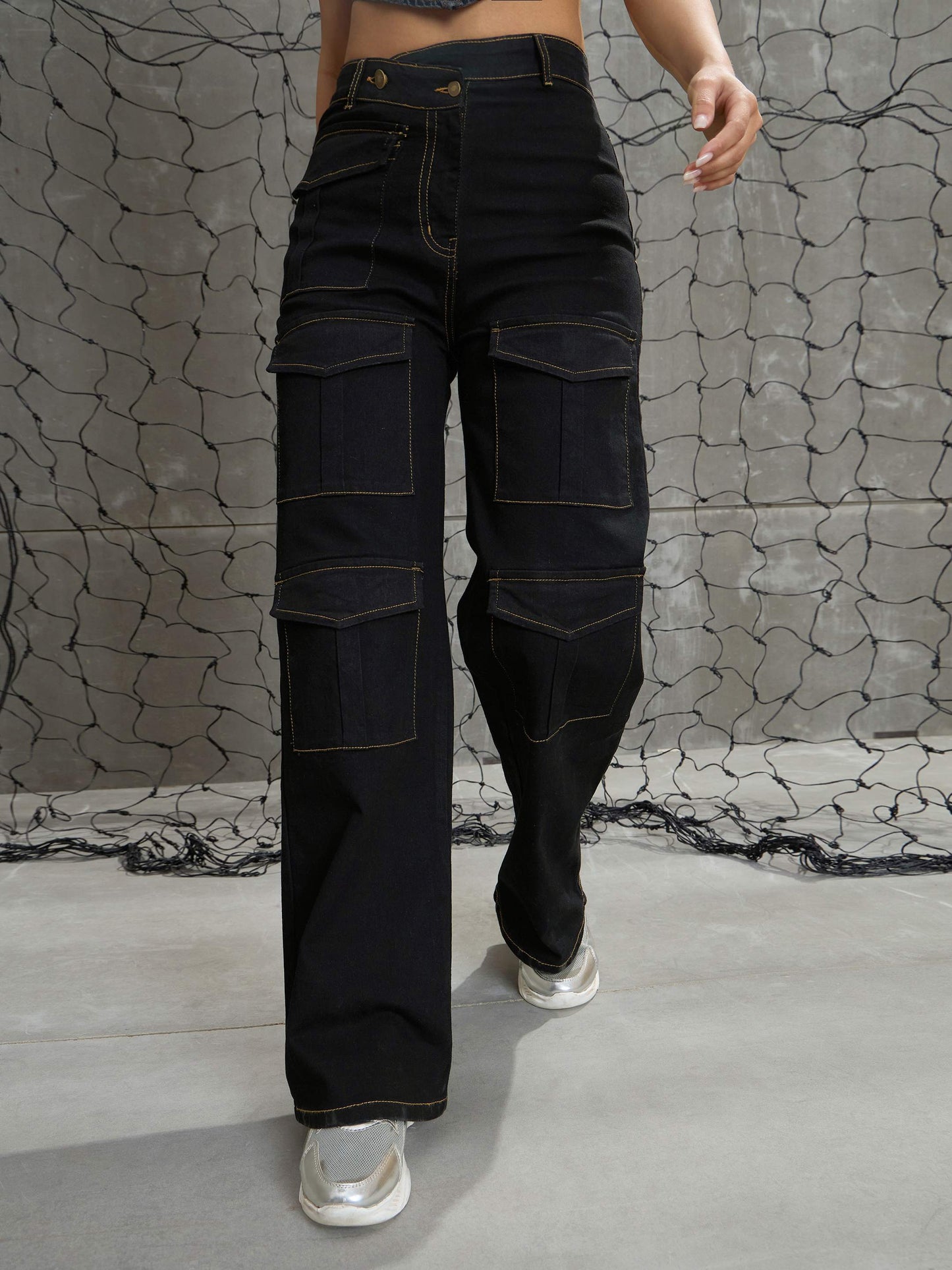 Women's Black Cargo Straight Jea
