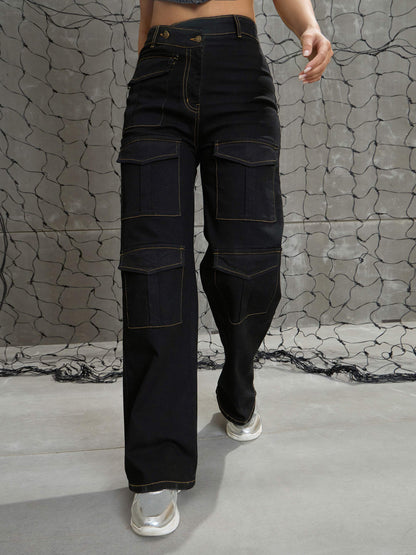 Women's Black Cargo Straight Jea