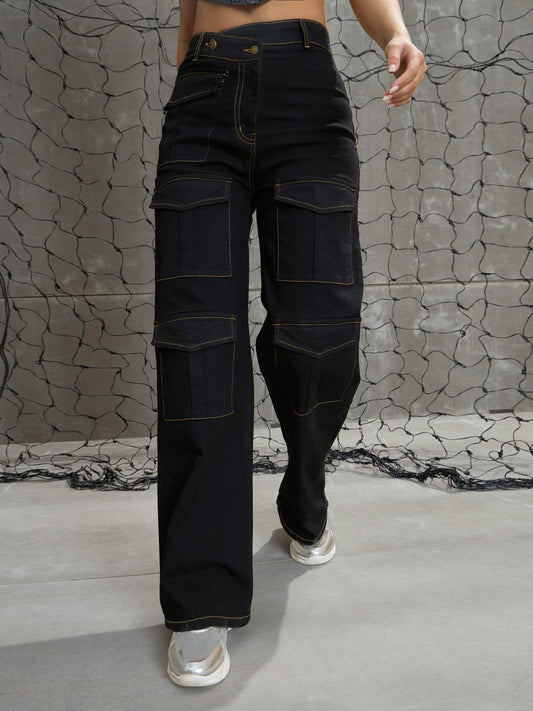 Women's Black Cargo Straight Jea