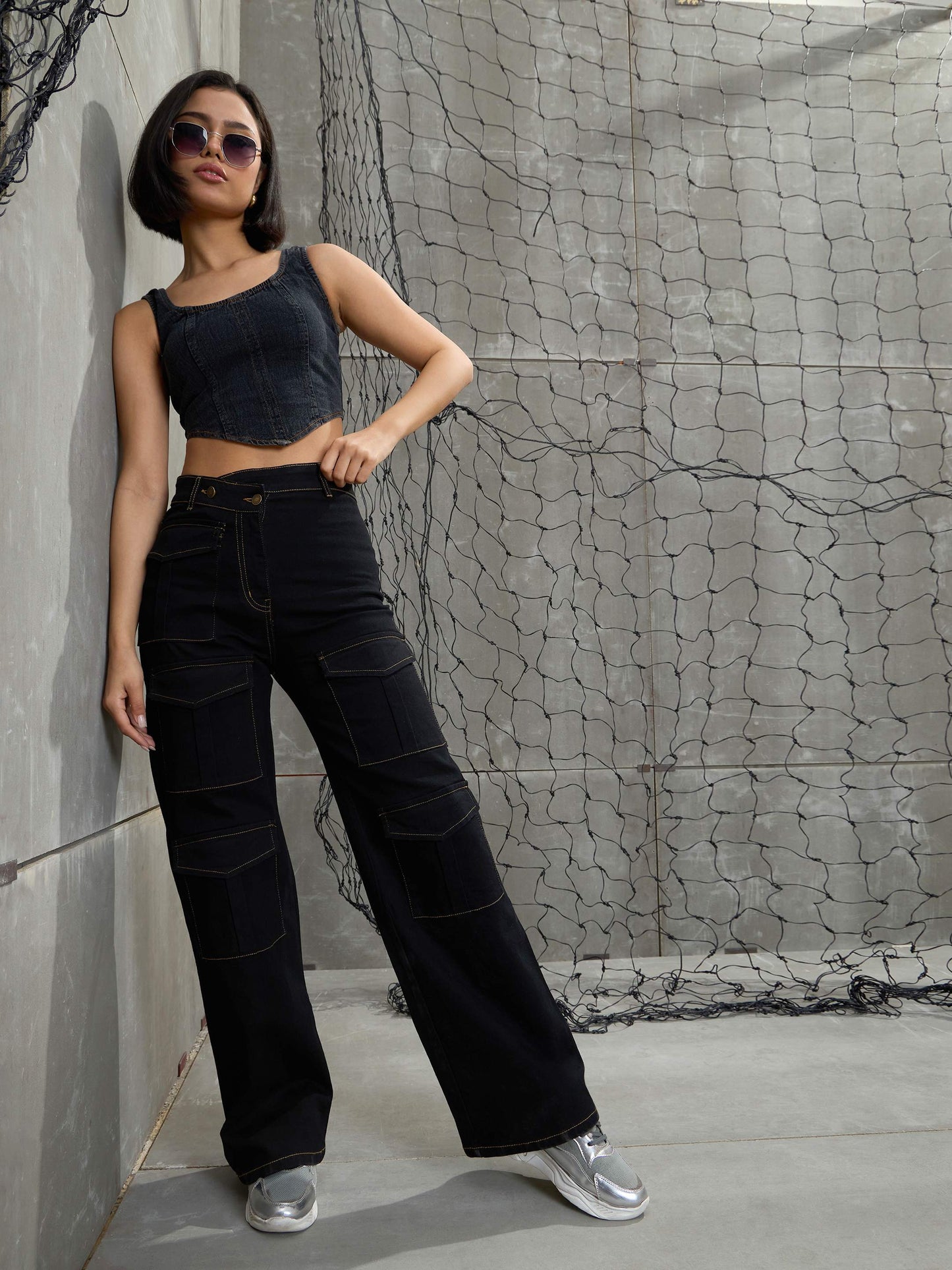 Women's Black Cargo Straight Jea
