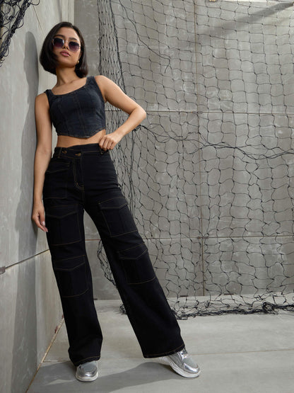 Women's Black Cargo Straight Jea