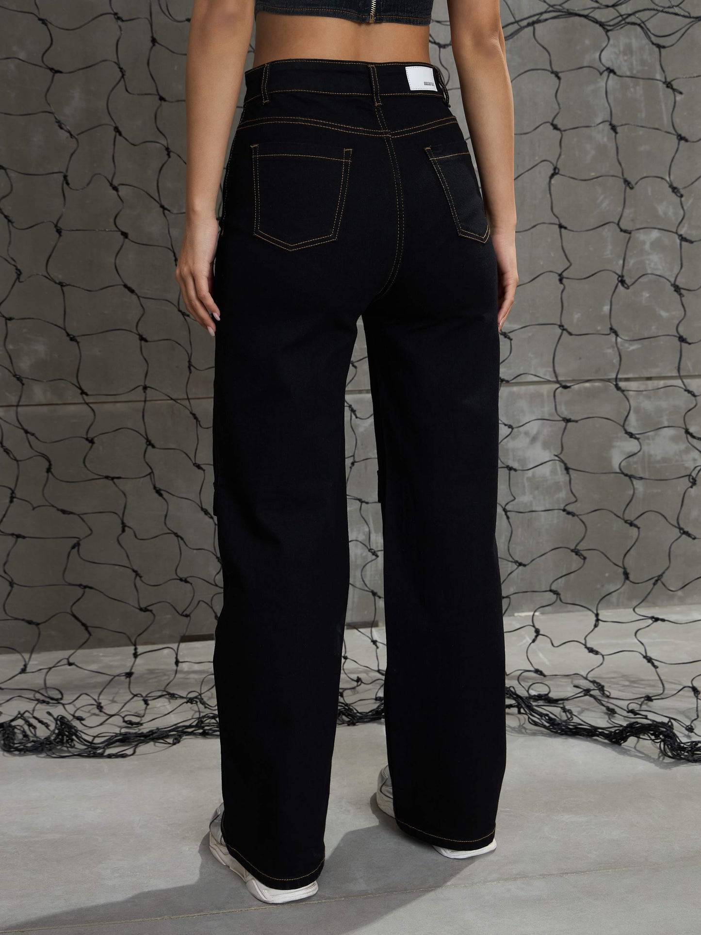 Women's Black Cargo Straight Jea