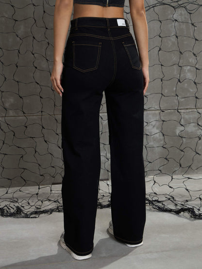 Women's Black Cargo Straight Jea
