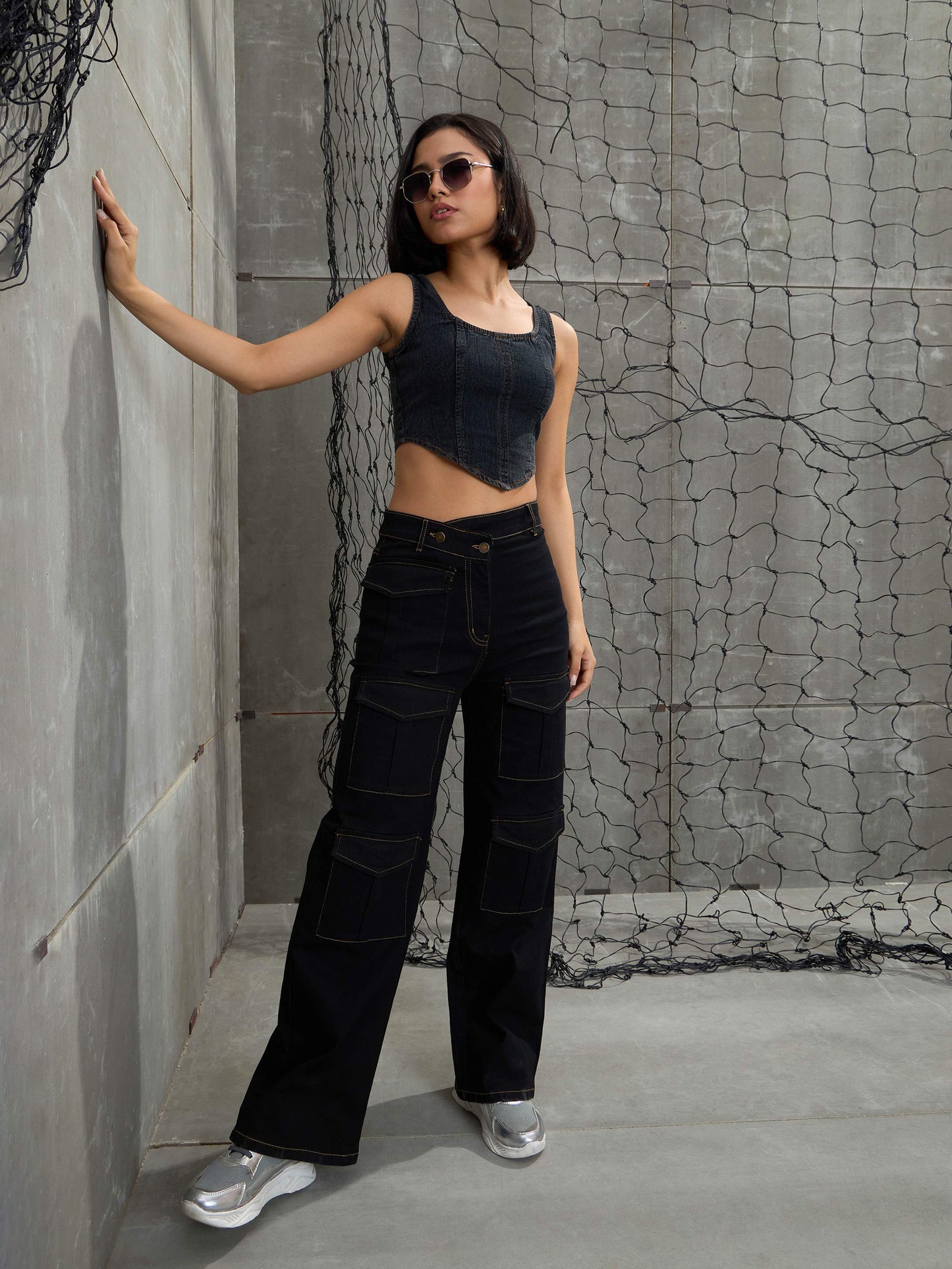 Women's Black Cargo Straight Jea