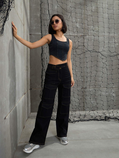 Women's Black Cargo Straight Jea