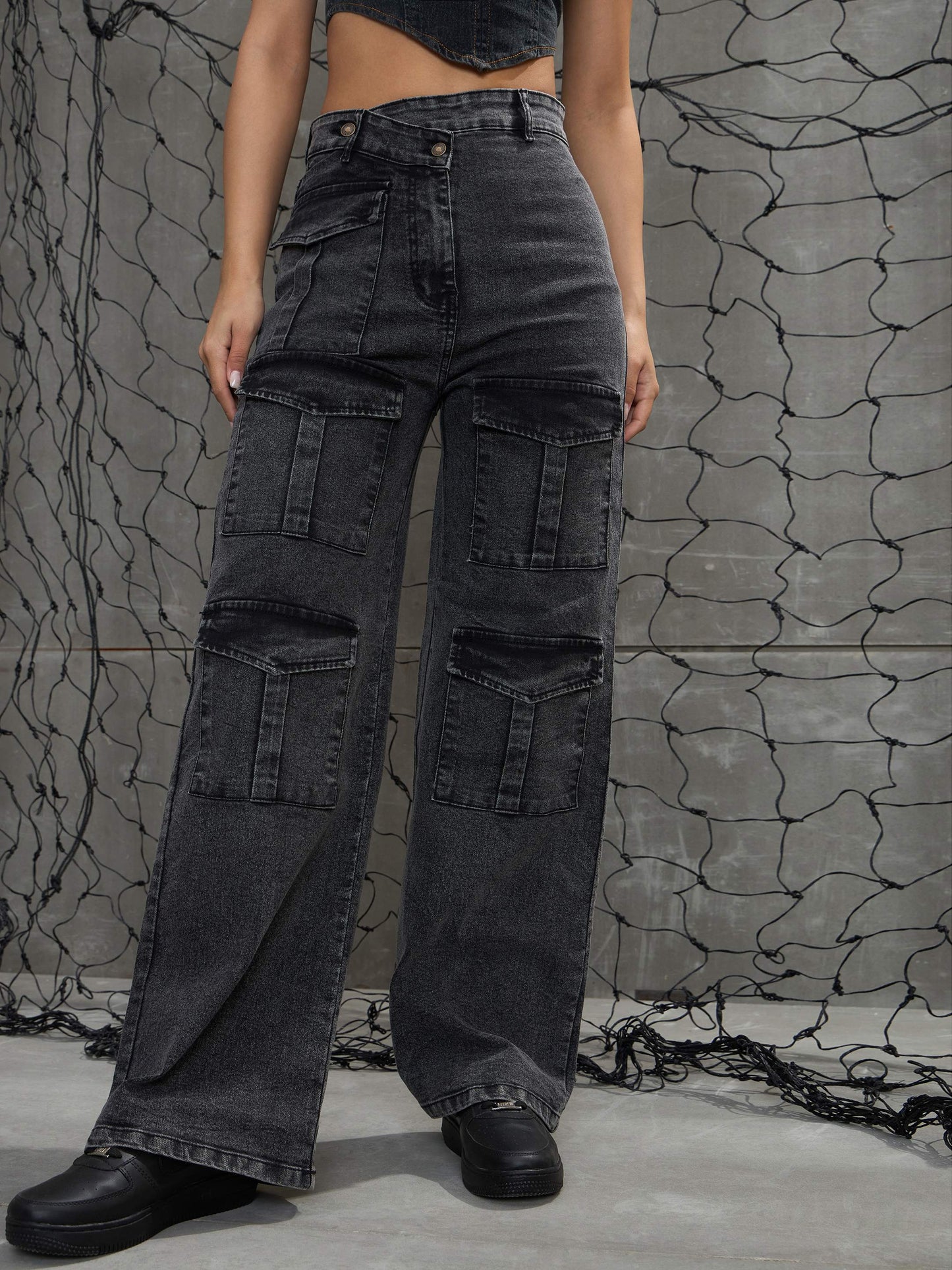 Women's Black Washed Cargo Straight Jea