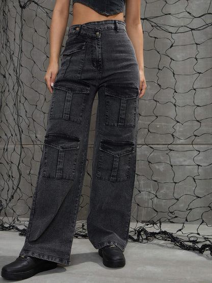 Women's Black Washed Cargo Straight Jea