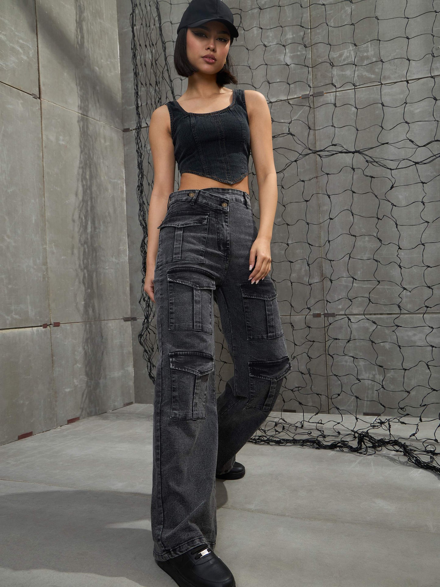 Women's Black Washed Cargo Straight Jea