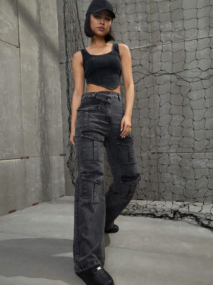 Women's Black Washed Cargo Straight Jea