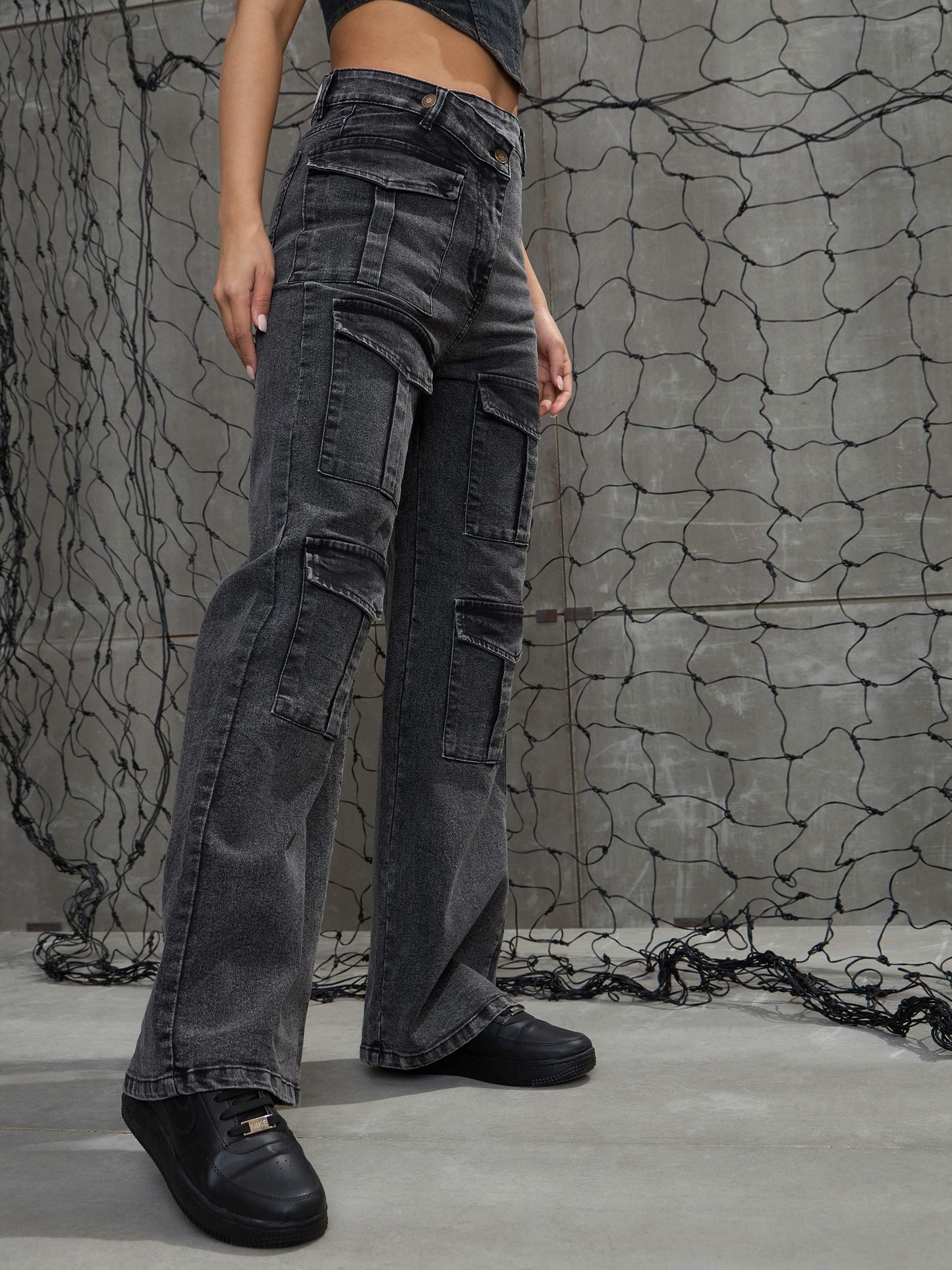 Women's Black Washed Cargo Straight Jea