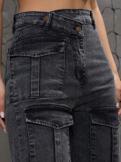 Women's Black Washed Cargo Straight Jea