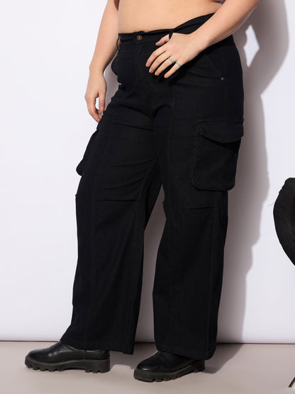 Women's Black Denim Front Seam Side Pockets Straight Jea