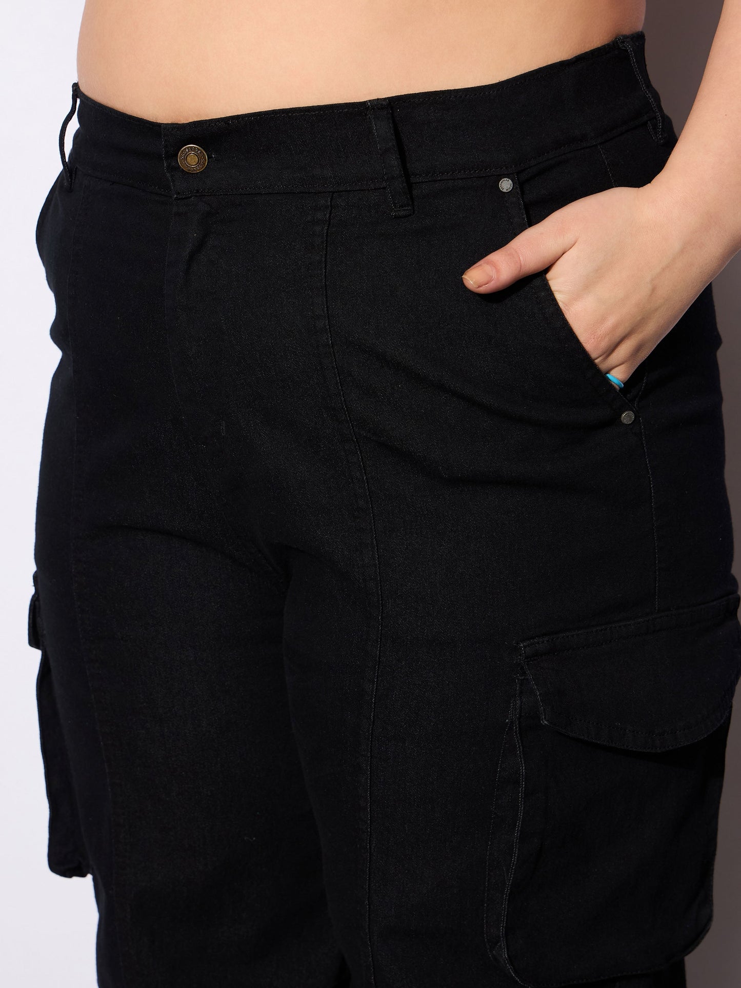 Women's Black Denim Front Seam Side Pockets Straight Jea