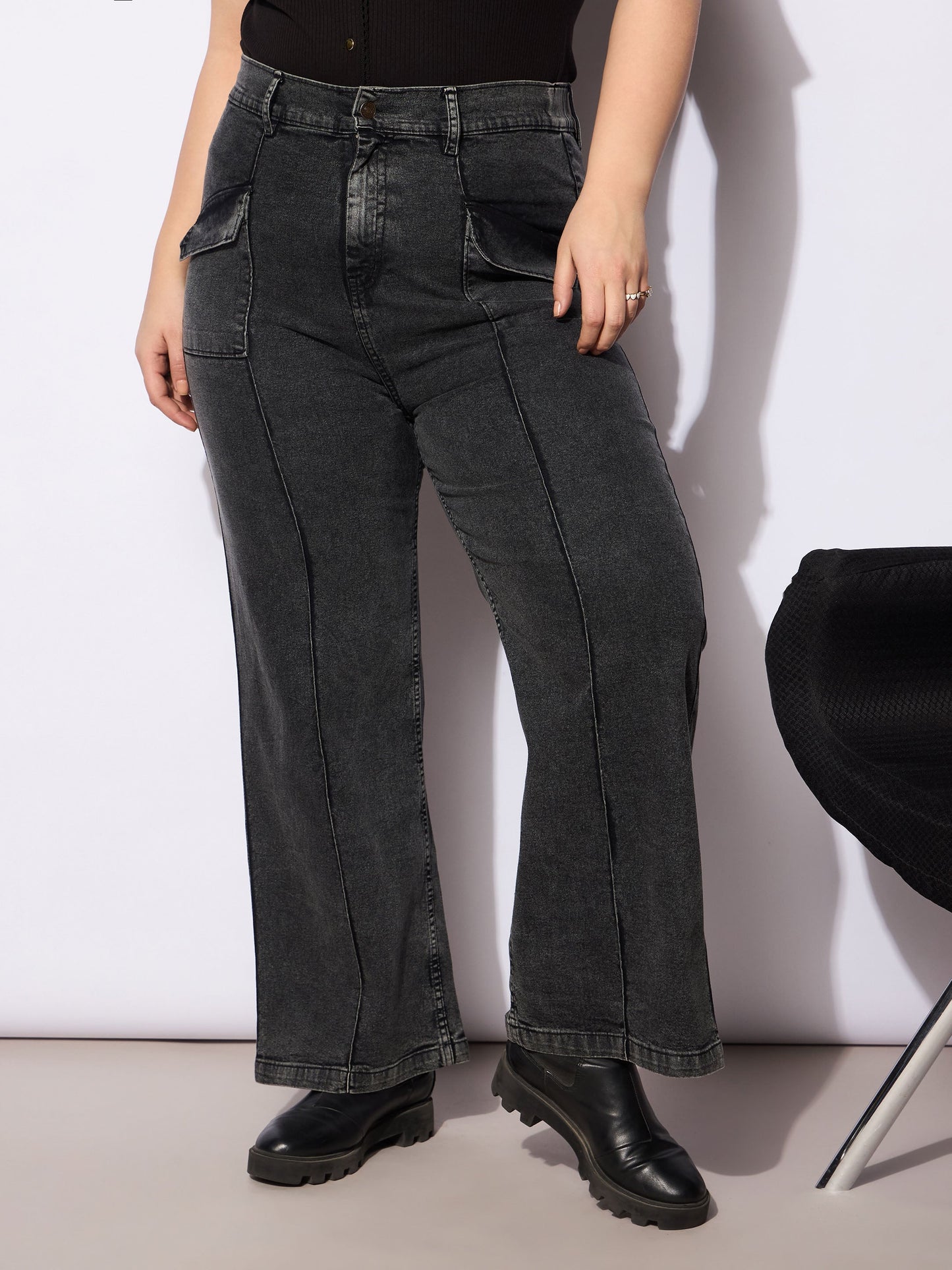 Women's Black Denim Front Seam Detail Straight Jea