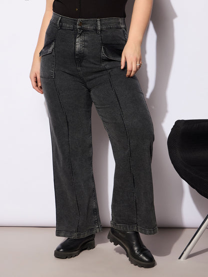 Women's Black Denim Front Seam Detail Straight Jea