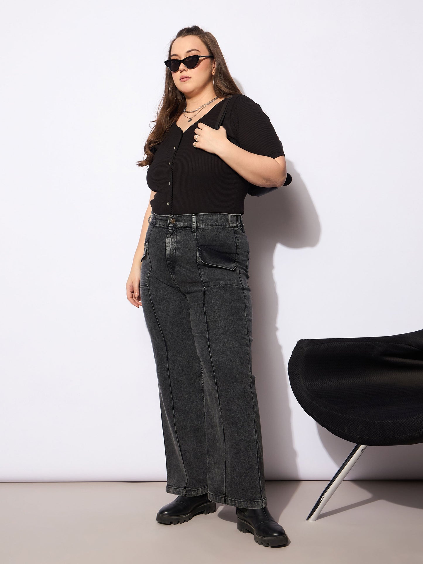 Women's Black Denim Front Seam Detail Straight Jea