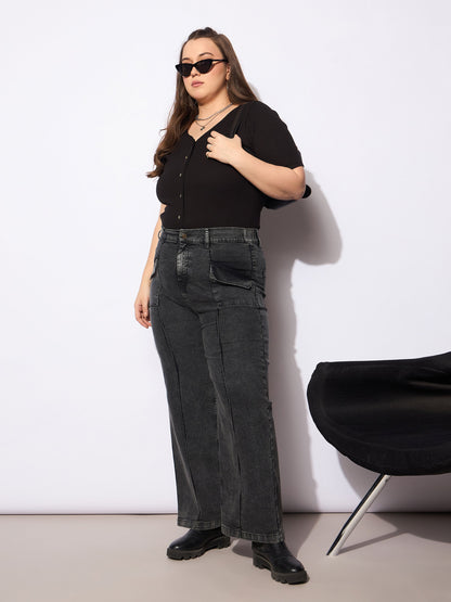 Women's Black Denim Front Seam Detail Straight Jea