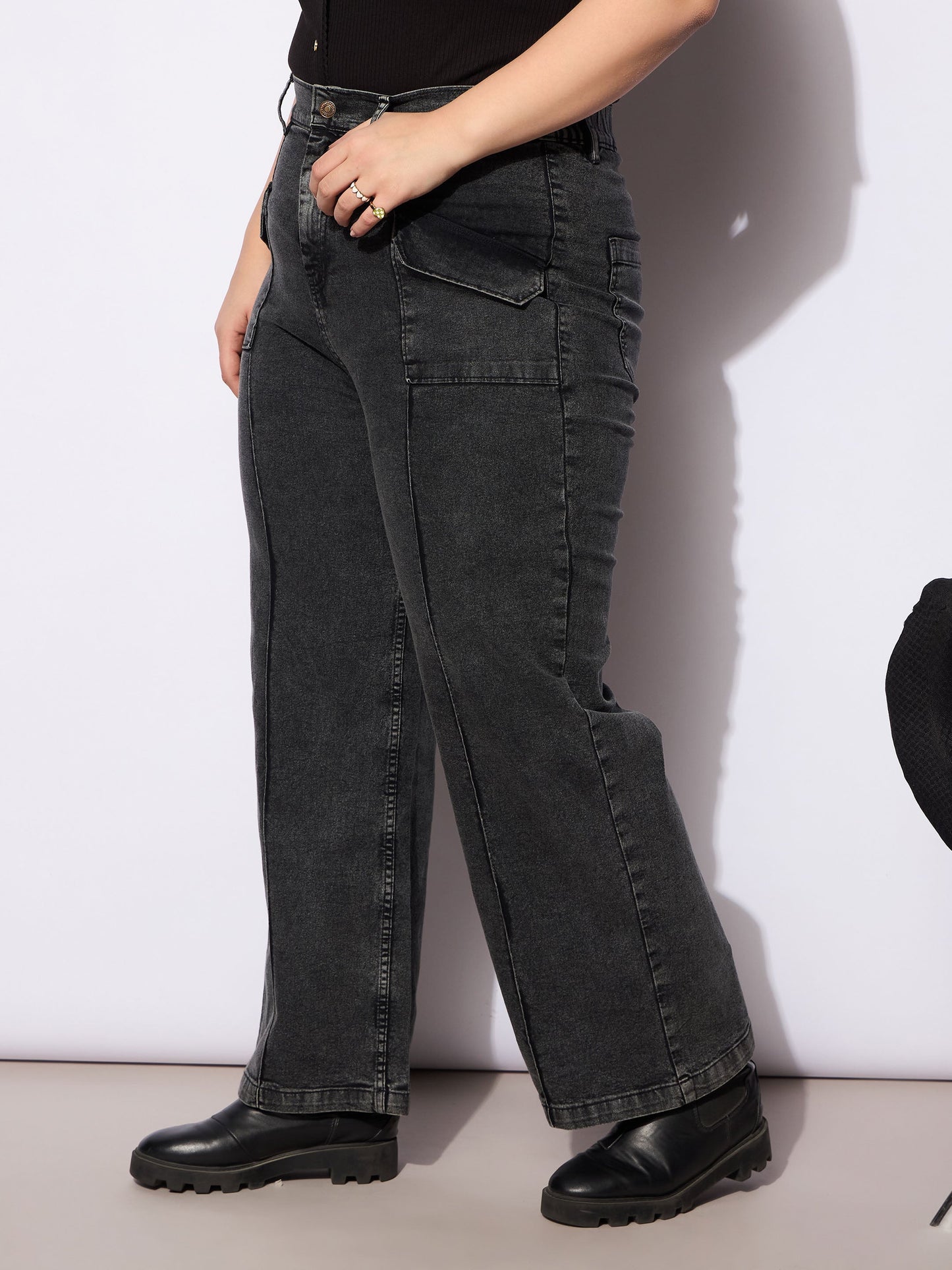 Women's Black Denim Front Seam Detail Straight Jea