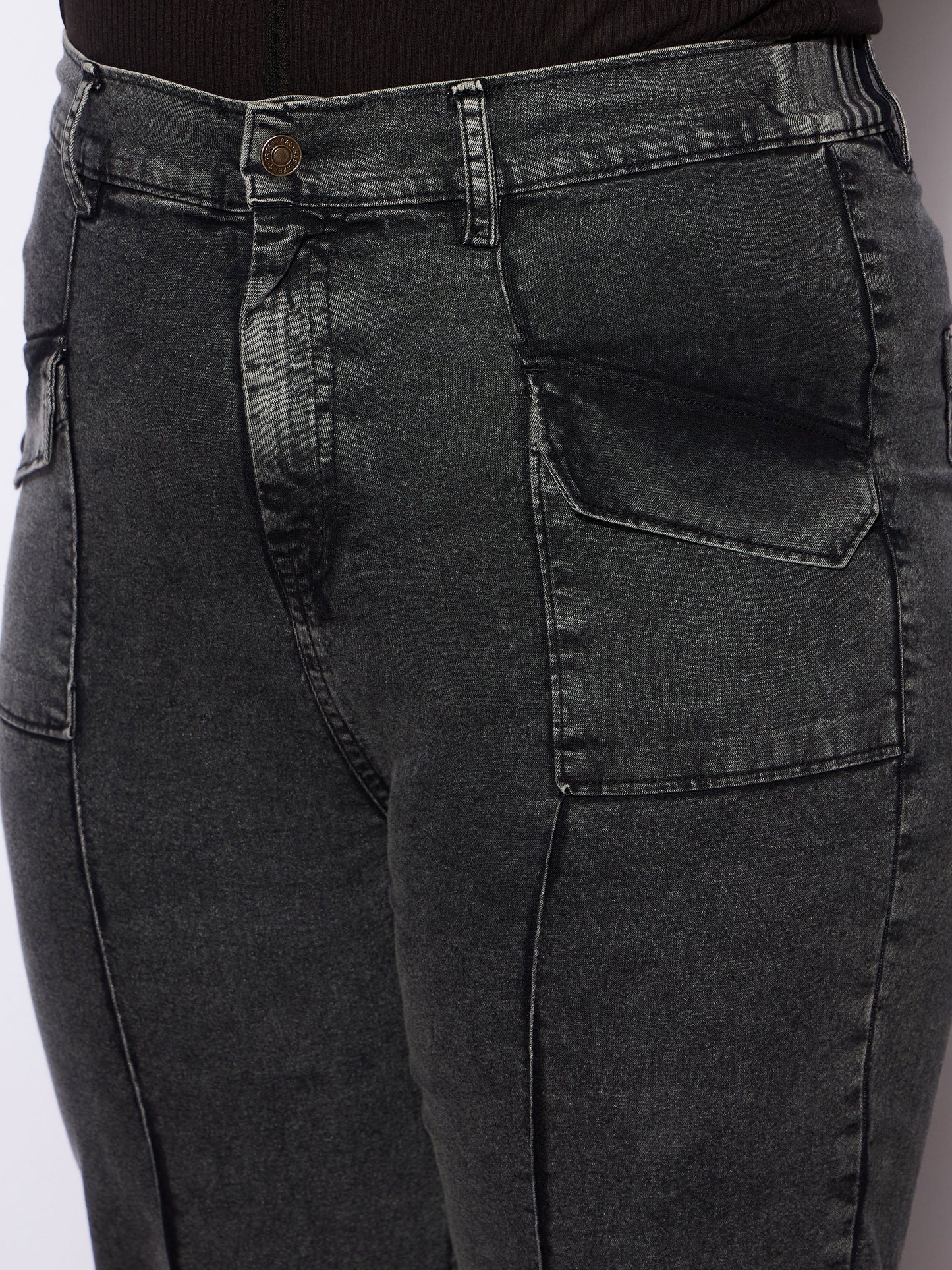 Women's Black Denim Front Seam Detail Straight Jea