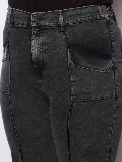 Women's Black Denim Front Seam Detail Straight Jea