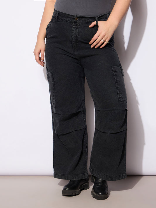 Women's Black Denim Side Pockets Straight Jea
