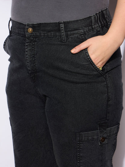 Women's Black Denim Side Pockets Straight Jea