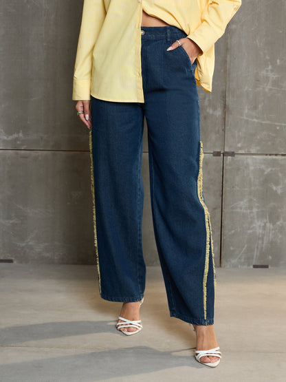 Women's Nevy Blue Fringed Straight Fit Jea
