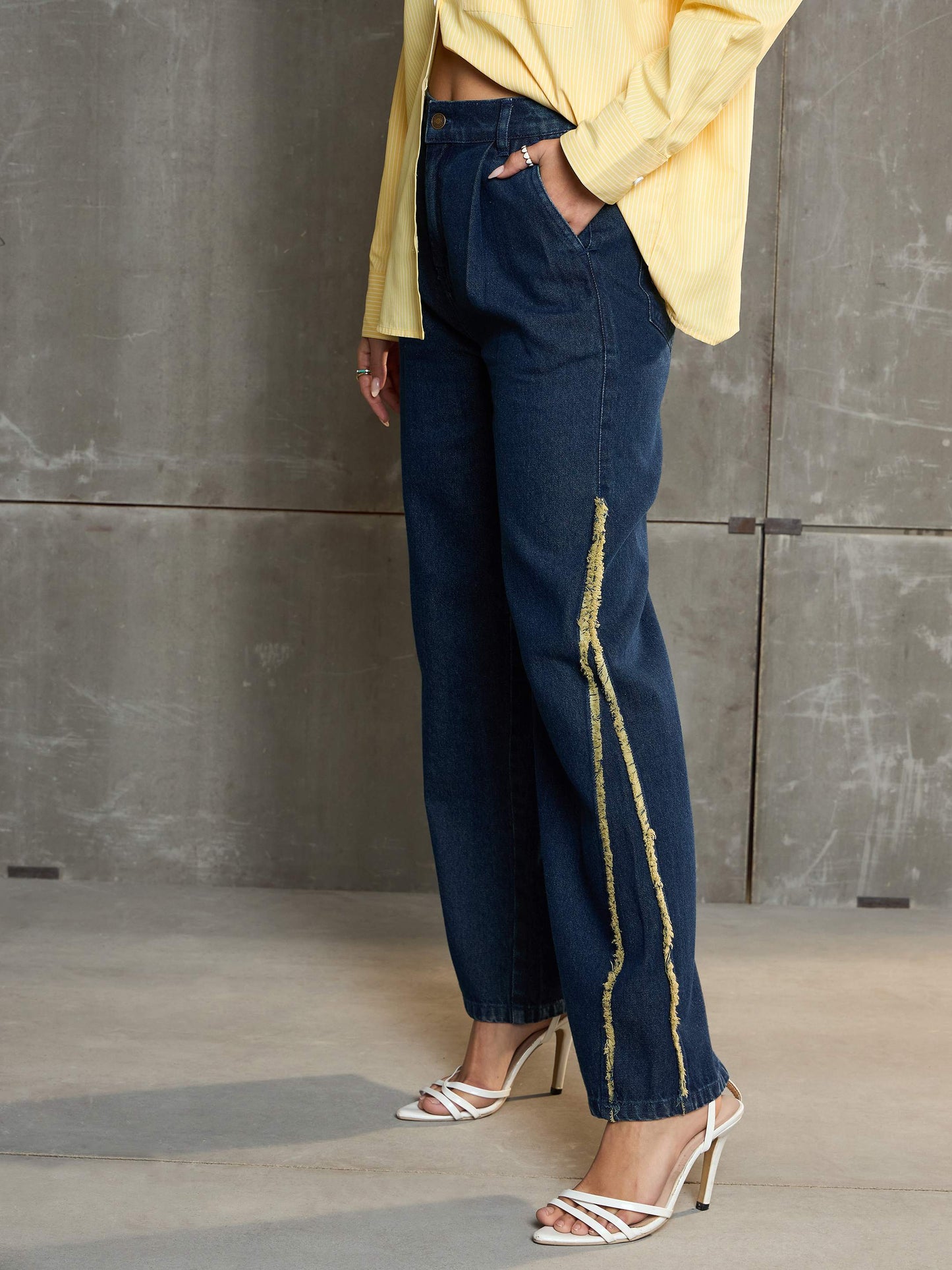 Women's Nevy Blue Fringed Straight Fit Jea