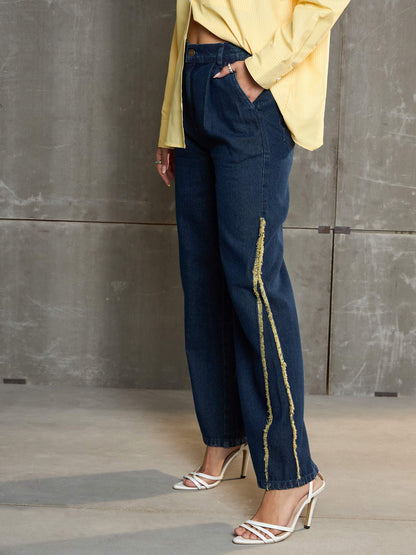 Women's Nevy Blue Fringed Straight Fit Jea