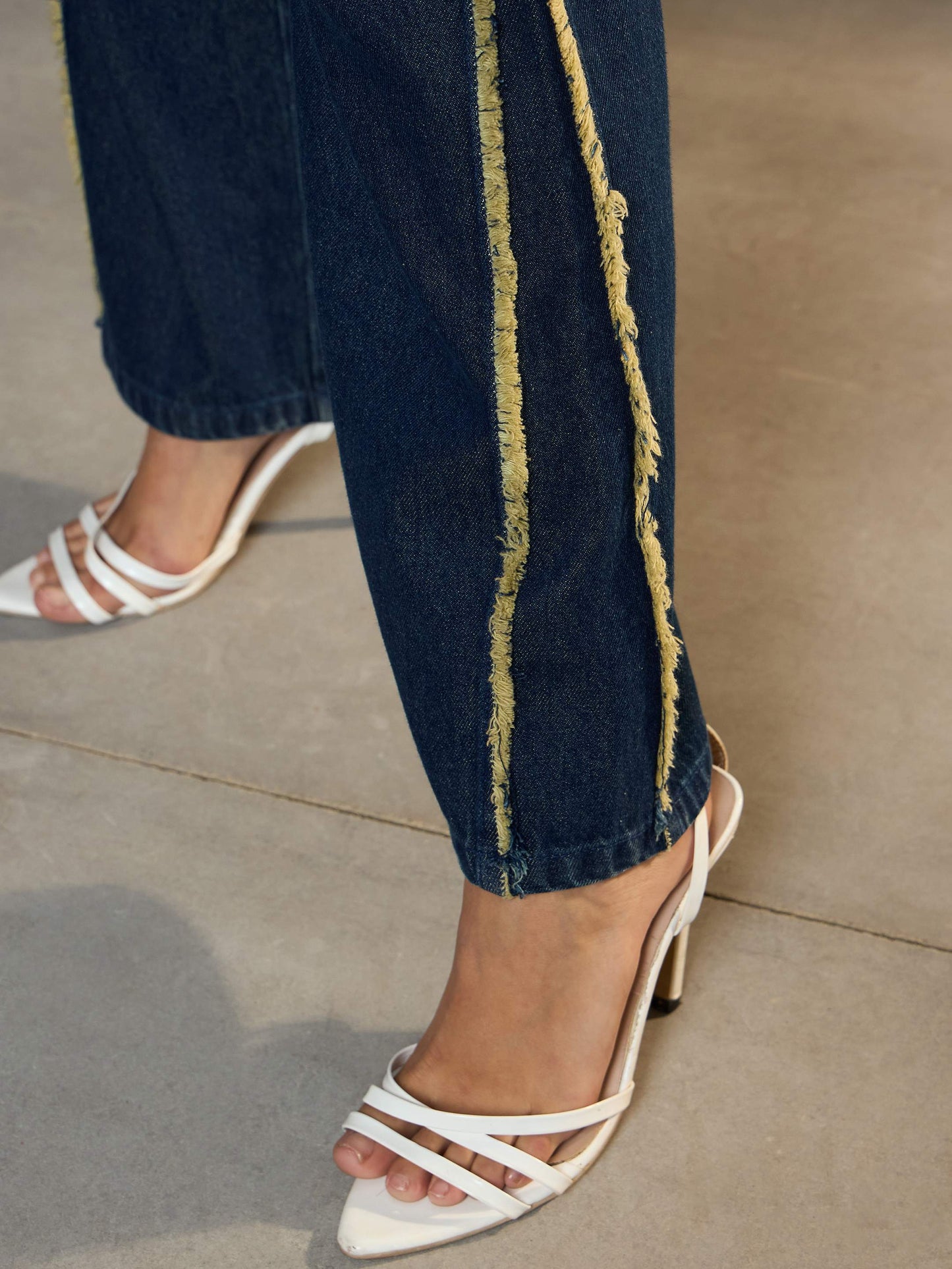 Women's Nevy Blue Fringed Straight Fit Jea