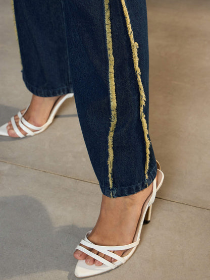 Women's Nevy Blue Fringed Straight Fit Jea