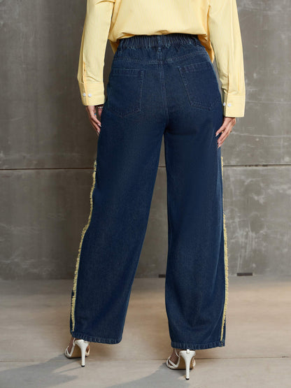 Women's Nevy Blue Fringed Straight Fit Jea