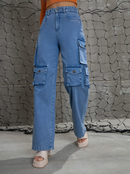 Women's Blue Denim Multi Pockets Cargo Jea