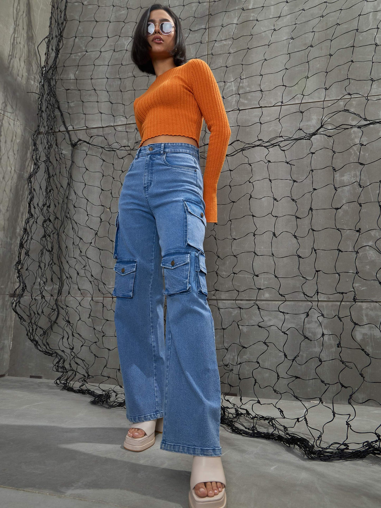 Women's Blue Denim Multi Pockets Cargo Jea