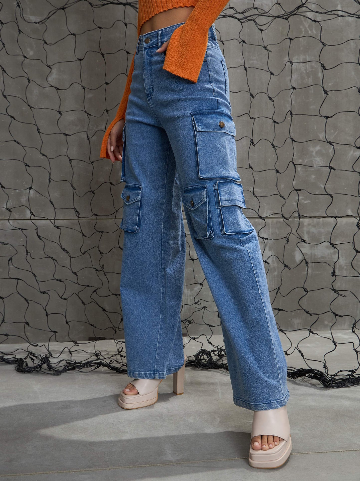 Women's Blue Denim Multi Pockets Cargo Jea