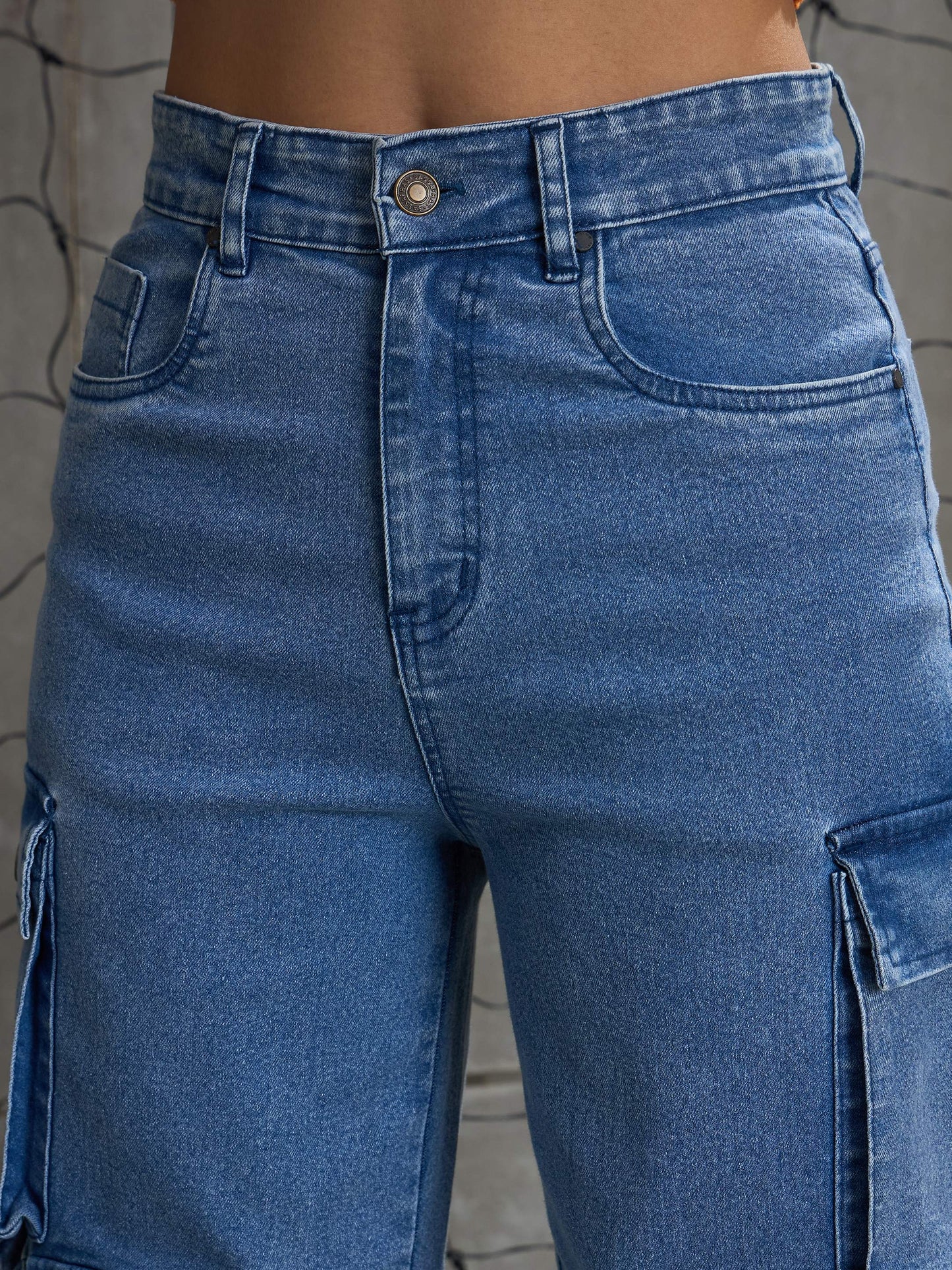 Women's Blue Denim Multi Pockets Cargo Jea