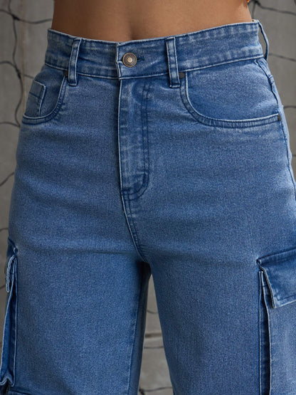Women's Blue Denim Multi Pockets Cargo Jea