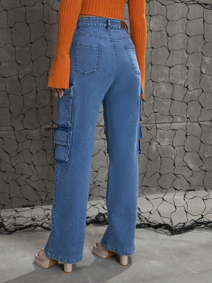 Women's Blue Denim Multi Pockets Cargo Jea
