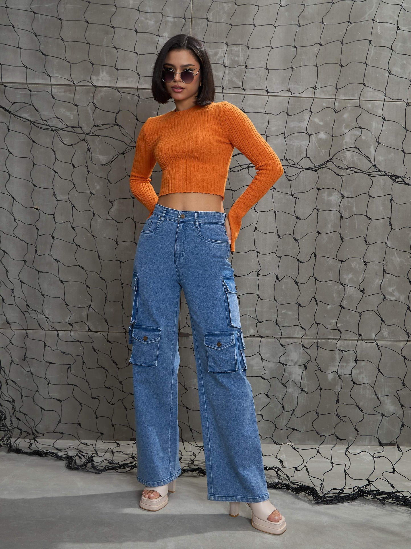 Women's Blue Denim Multi Pockets Cargo Jea