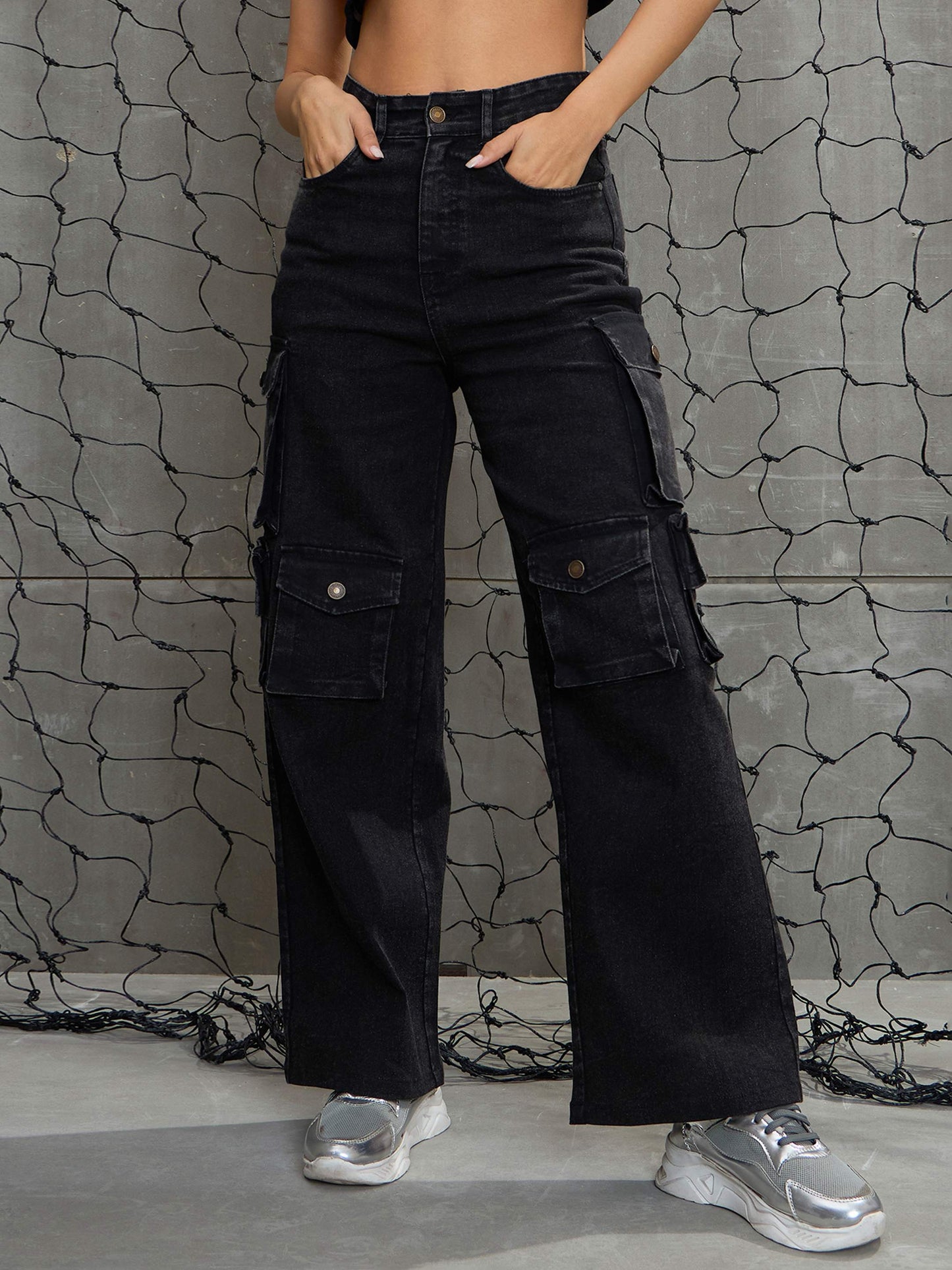 Women's Black Washed Denim Multi Pockets Cargo Jea